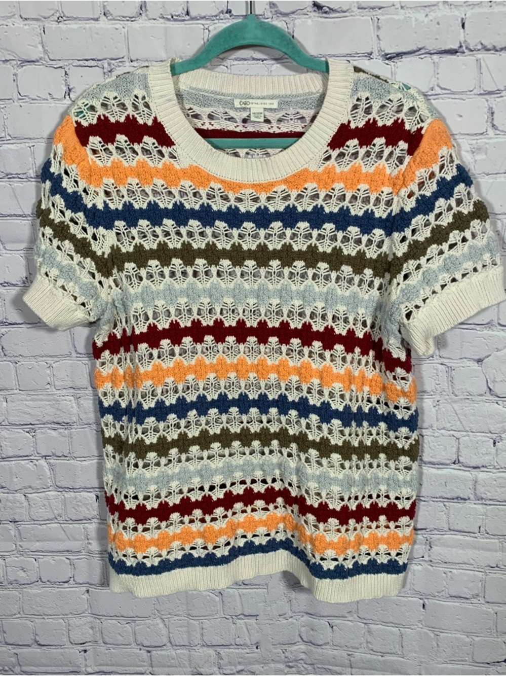 Cato Women Crochet Short Sleeve Top Multi Striped Sz 18/20W Festival Boho Casual